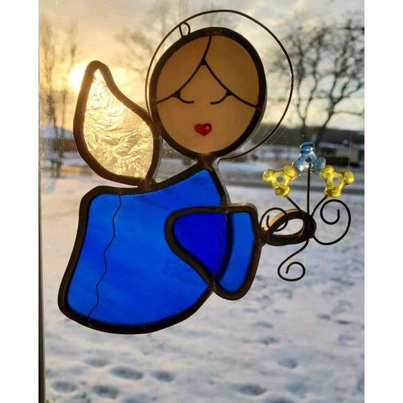 Two Cute Angels Stained Glass Suncatchers Christian Art Window Panels Spiritual - Picture 2 of 6